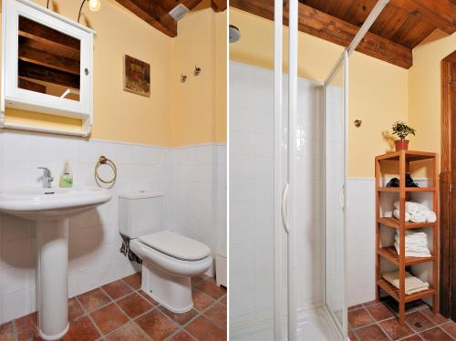 two images of a bathroom with a toilet and a shower at Masia Casa Roja in Banyeres del Penedes