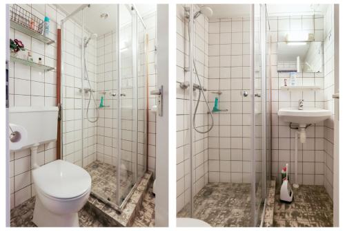 two pictures of a bathroom with a toilet and a sink at Rekerlanden 187 in Schoorldam