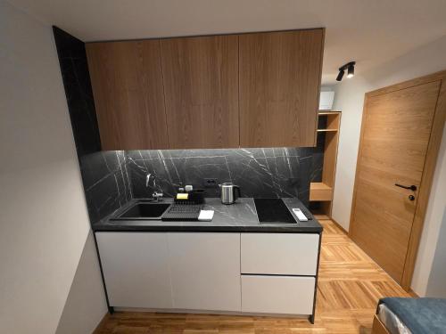 a kitchen with a sink and a counter top at Apartmaji Sonce in Piran