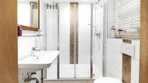a bathroom with a shower and a sink at Haus an der Pferdekoppel Nr 2 in Fehmarn