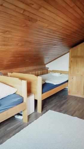 two beds in a room with wooden ceilings at Gacka idila 2 in Otočac