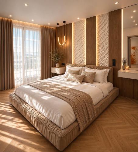 a bedroom with a large bed in a room at Great Apart - Вид на Дніпро - 6 поверх - укриття на території ЖК in Kyiv