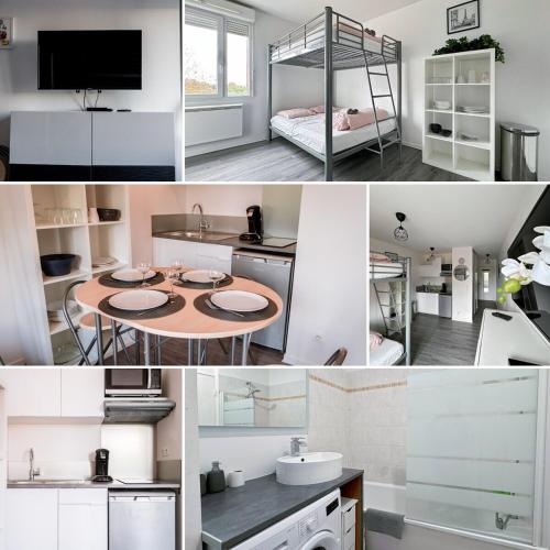 a collage of photos of a kitchen and a room at Le 82 - Studio pour 4 à 3 minutes de Disneyland Paris in Montévrain