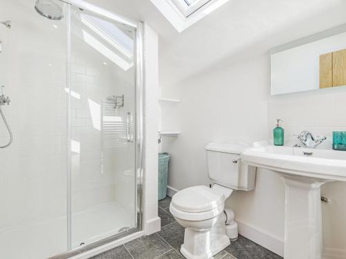 a white bathroom with a toilet and a shower at The Stables - Cottage in Raglan
