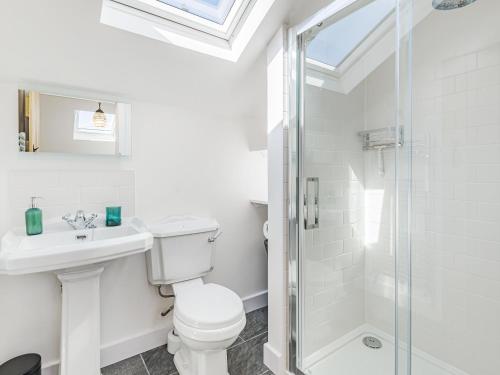 a white bathroom with a toilet and a shower at The Stables - Cottage in Raglan