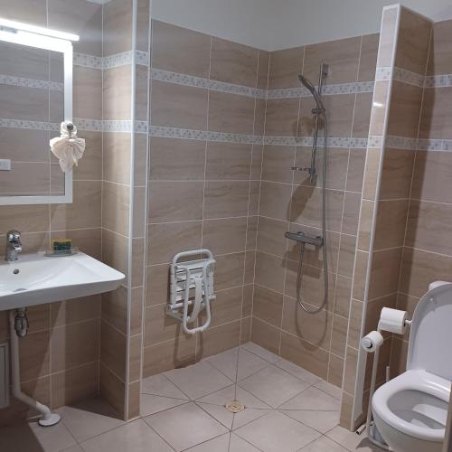 a bathroom with a shower and a sink and a toilet at Escale en sud Charente in Chavenat