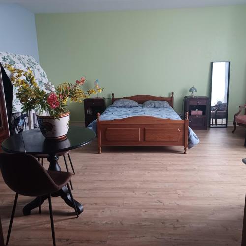 a bedroom with a bed and a table with a potted plant at Escale en sud Charente in Chavenat