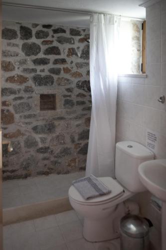 ein Badezimmer mit Toilette, Waschbecken und einer Steinwand in der Unterkunft Pegasus Resort in Agia Paraskevi