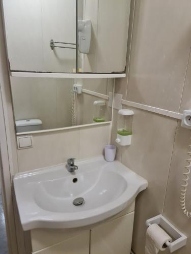 a bathroom with a white sink and a mirror at Studio 3 lits in Saint-Louis
