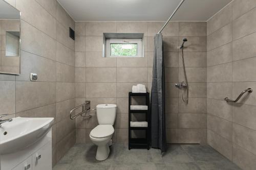 a bathroom with a toilet and a shower and a sink at Rewita Pieczyska in Koronowo