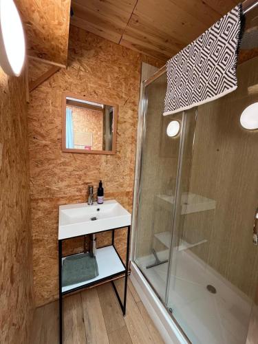 a bathroom with a sink and a shower at Meadows - Eco Retreat in Bitton