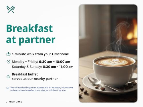 a flyer for a breakfast at partner with a cup of coffee at Limehome Amsterdam Westerpark in Amsterdam