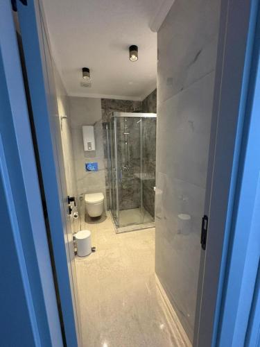 a bathroom with a shower and a toilet at Olea Stone Houses in Bodrum City
