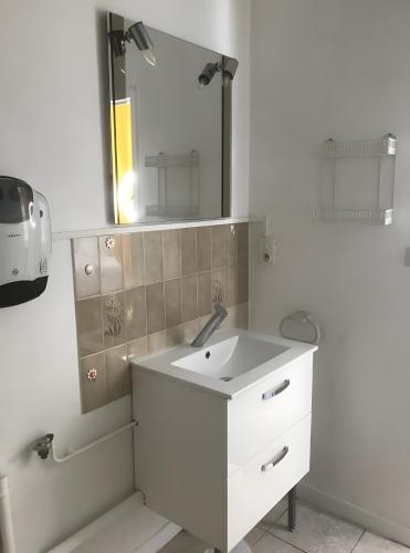 a bathroom with a sink and a mirror and a tub at Acionna Résidence Studio 30 M² in Bourbonne-les-Bains