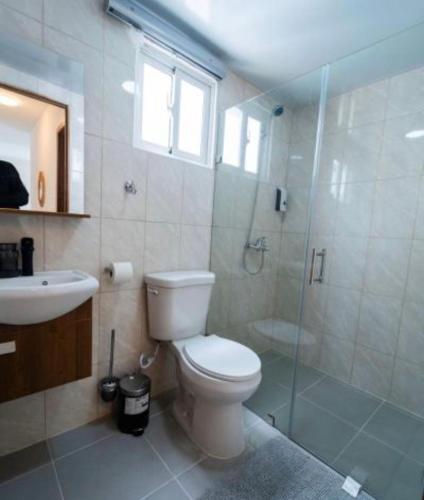 a bathroom with a toilet and a glass shower at Apartament BC in San Cristóbal
