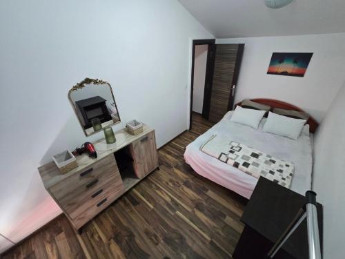 a bedroom with a bed and a mirror at Gintas Comfort in Podgorica