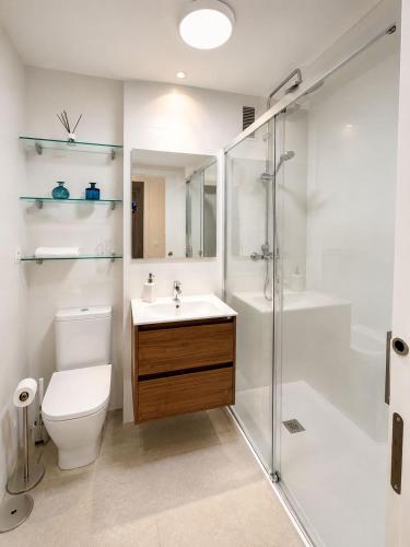 a bathroom with a toilet and a sink and a shower at Apartamento Guou in Comillas