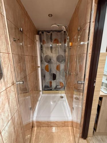 a shower with a glass door in a bathroom at 9 Dańce - comfortable accommodation 22-220 - WIFI included in Dańce