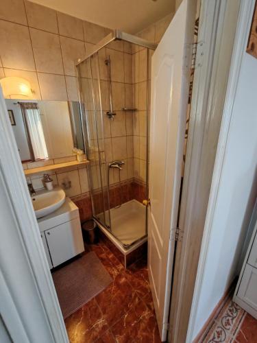 a bathroom with a shower and a toilet and a sink at Holliday home Alida with jacuzzi in Podgora