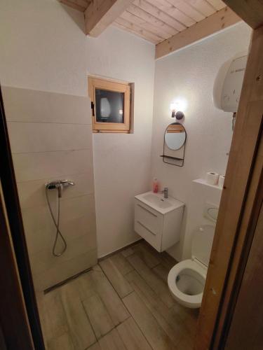 a bathroom with a toilet and a tv on the wall at A-frame Đukić in Jajce
