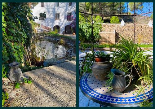two pictures of a garden with vases and a pond at Hotel Masía de Altea in Altea
