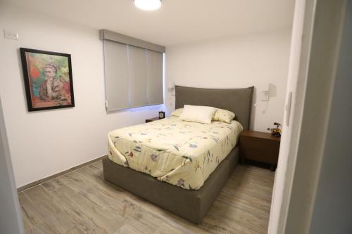 a bedroom with a bed and a painting on the wall at Departamento en el corazón de angelópolis in Puebla