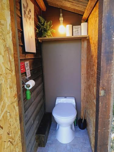 a bathroom with a toilet in a wooden structure at Lagarta , la buche in Étival