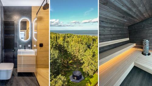 a bathroom with a view of the ocean at Beautiful Tinyhouse near the Beach in Lapmežciems