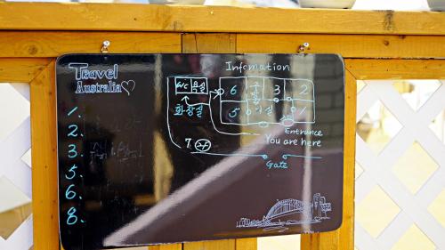 a chalkboard with calculations on it on a wall at Yours Guesthouse in Tongyeong in Tongyeong