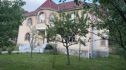 a pink house with a tree in front of it at Gabala villa in Gabala