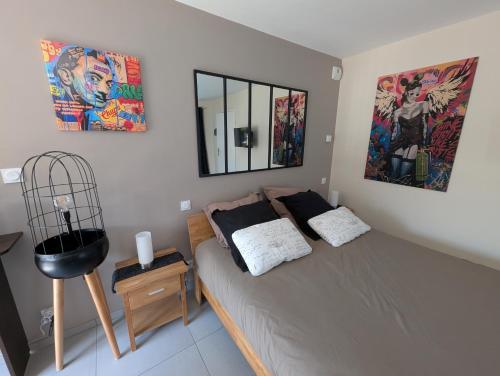 a bedroom with a bed with two pillows and a mirror at Studio Castel Binic in Pordic