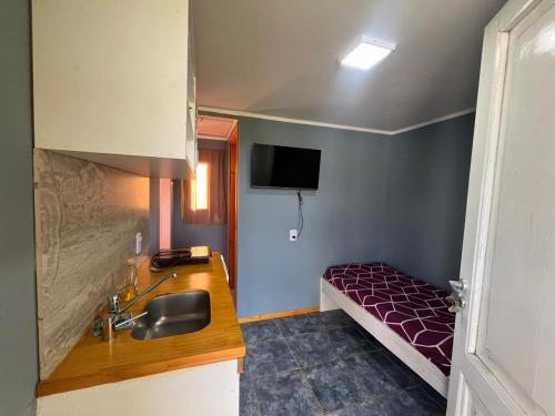a kitchen with a sink and a bed in a room at Sierras de Canela Tiny in Tandil