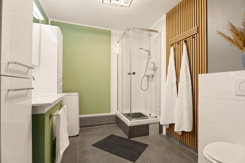 a bathroom with a shower and a sink at Modo Apartment in Erkelenz mit Sauna Pool in Erkelenz