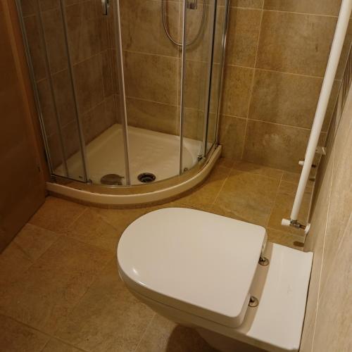 a bathroom with a toilet and a shower at Stanza Cuori Malga Ciauta in Villanova