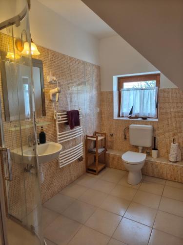 a bathroom with a sink and a toilet at Salvia Guesthouse Balatonfüred in Balatonfüred