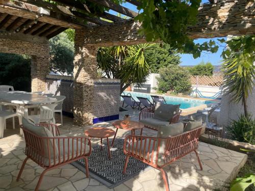 a patio with chairs and tables and a pool at La Closerie in Laredorte