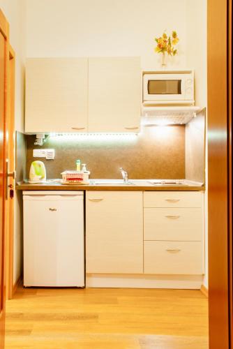 a kitchen with white cabinets and a microwave at Apartmány - Penzion Smetanka in České Budějovice