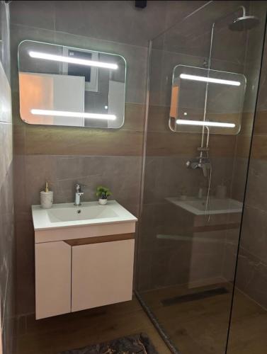 a bathroom with a sink and a shower with a mirror at Vikendica Dajana in Banja Luka