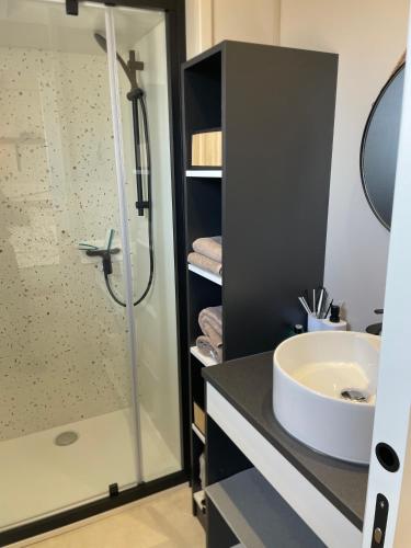a bathroom with a glass shower and a sink at Retour de Plage in Saint-Pair-sur-Mer