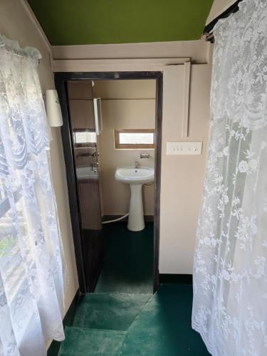 a bathroom with a sink and a toilet and a curtain at Cozy corner Homestay in Mawphlang
