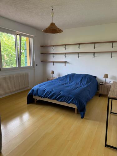 a bedroom with a bed with a blue blanket at Le Paradis in Belfort