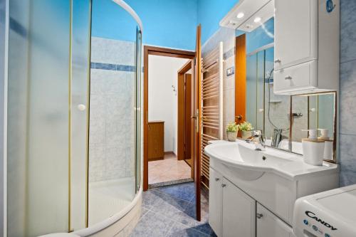a bathroom with a shower and a white sink at Pool Apartments Franko - Shared Pool in Ližnjan