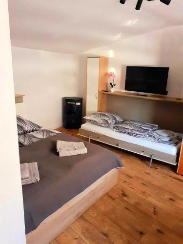 a bedroom with two beds and a flat screen tv at Chatka Czesia in Sosnówka