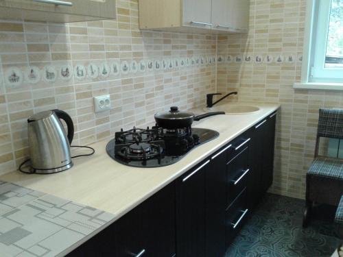 a kitchen counter with a stove and a sink at 3 комнатная квартира на Ленина 49 in Ryl'sk