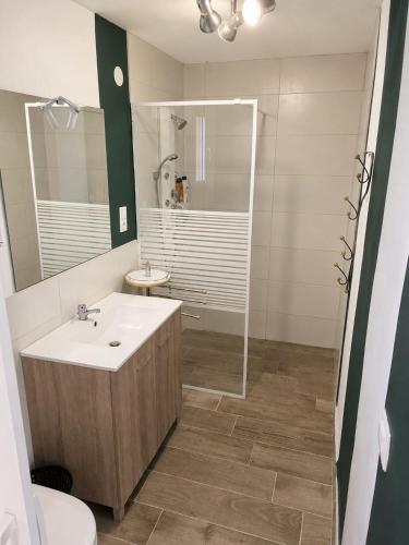 a bathroom with a sink and a shower and a toilet at Maset Paradiso in Vanacloig