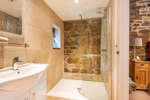 a bathroom with a sink and a shower at Shippon in Michaelstow