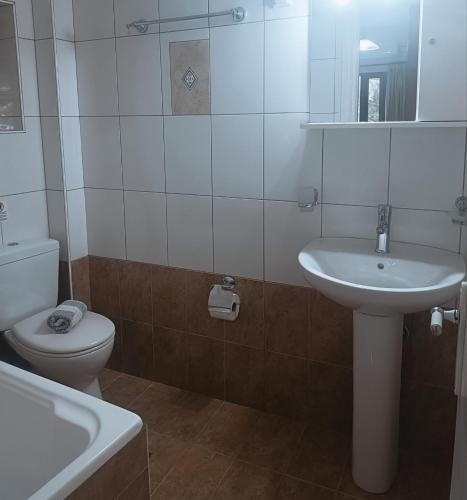 a bathroom with a white sink and a toilet at Georgias House in Lefkada