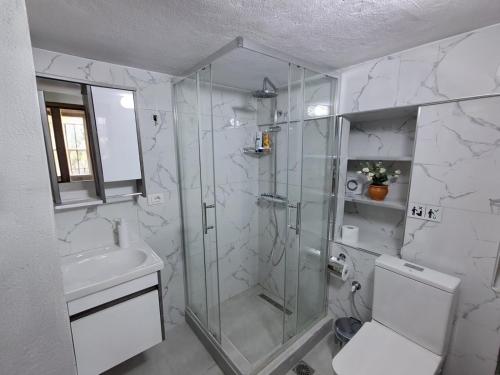 a bathroom with a shower and a toilet and a sink at House in the old town with view in Gjirokastër