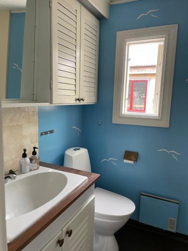 a blue bathroom with a sink and a toilet at Gästhus Vejbystrand in Vejbystrand