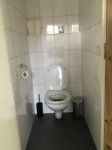 a bathroom with a white toilet in a stall at For a wonderful outdoor feeling! in Zelhem